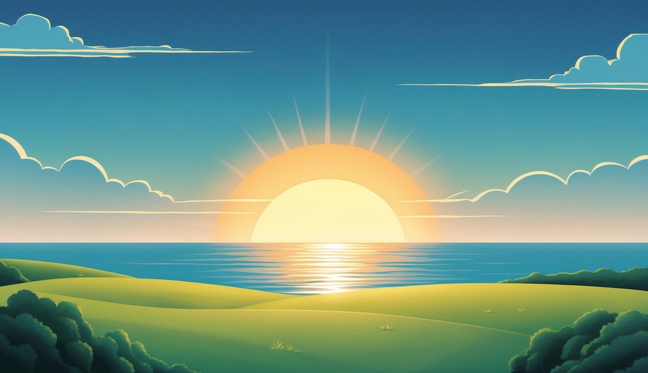 A serene landscape with a rising sun over a peaceful horizon, with a sense of tranquility and possibility