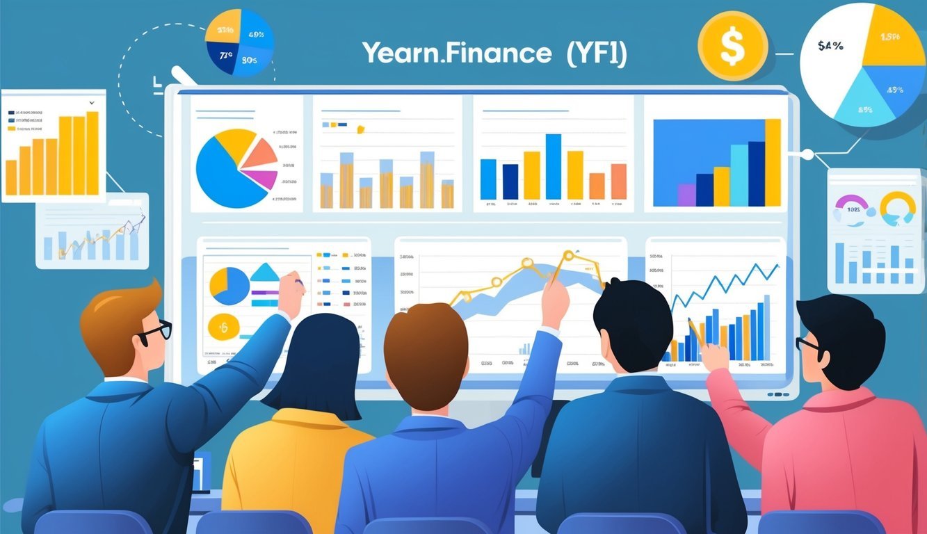 A group of people studying a complex financial chart with various graphs and data points, representing the concept of Yearn.Finance (YFI)