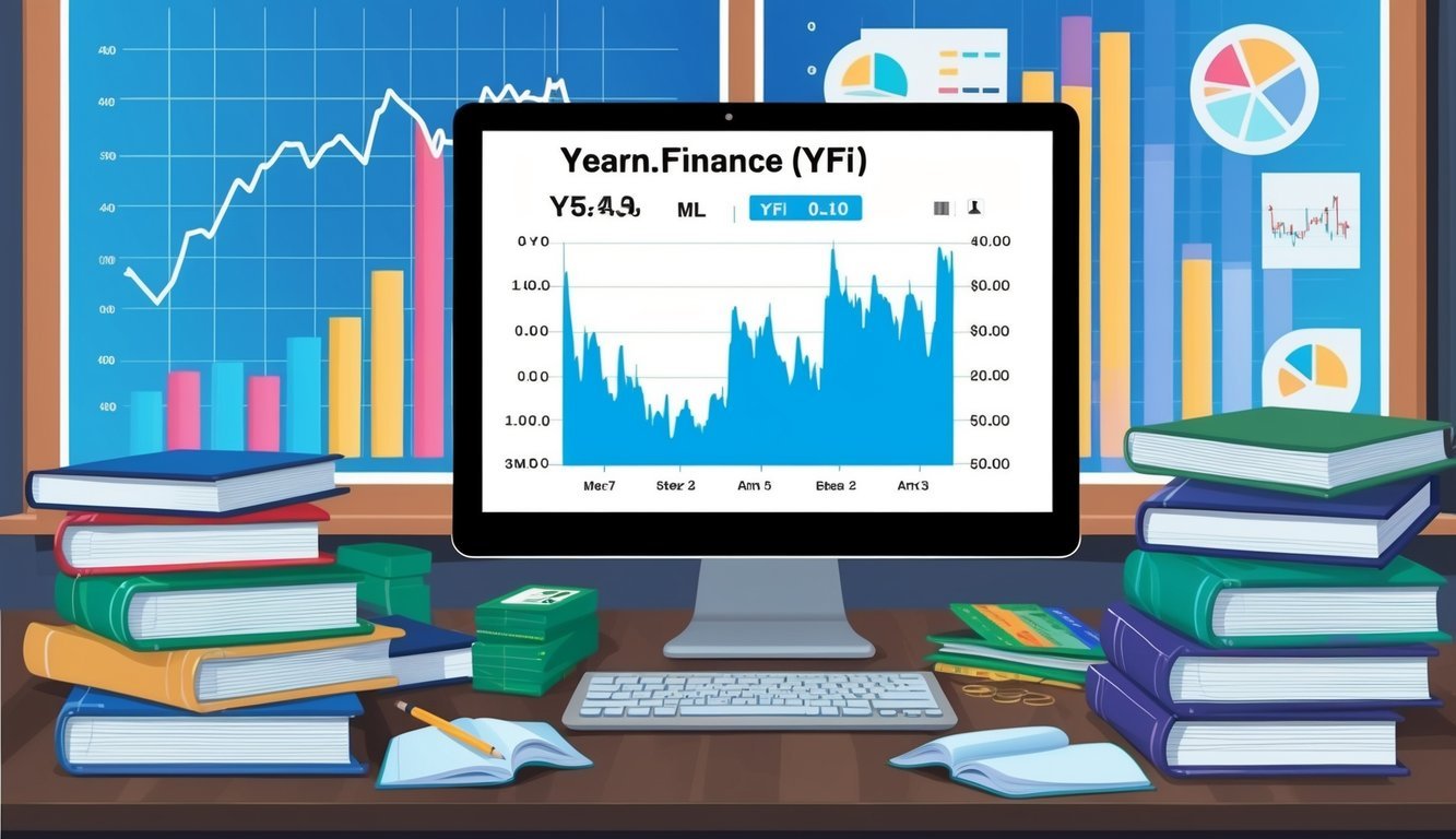 A computer screen displaying a graph of Yearn.Finance (YFI) price fluctuations, surrounded by financial charts and investment strategy books