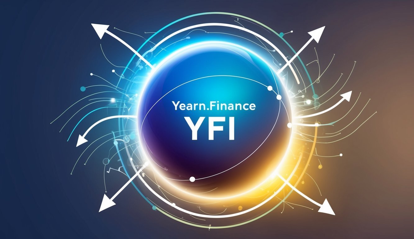 A glowing orb surrounded by swirling lines and arrows, representing the complex and dynamic nature of Yearn.Finance (YFI)