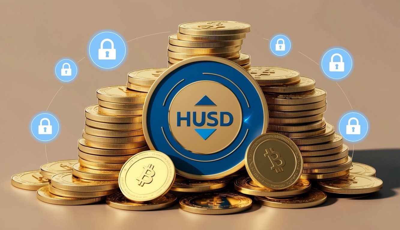 A pile of golden coins with the HUSD logo on them, surrounded by digital currency symbols and a secure lock icon