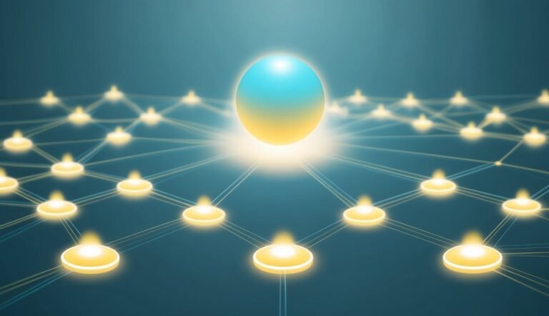Glowing network of connected nodes with a central, radiant sphere