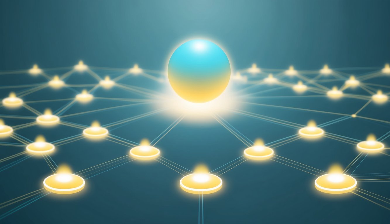 A glowing orb hovers above a series of interconnected nodes, each emitting a soft, pulsating light.</p><p>The nodes appear to be communicating with one another, creating a network of interconnected pathways