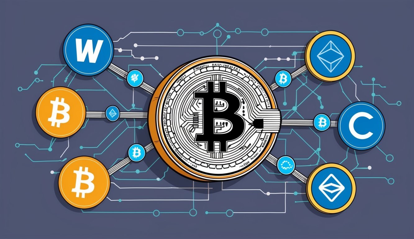 A digital representation of WBTC, a wrapped Bitcoin token, surrounded by blockchain symbols and connected to various cryptocurrency networks