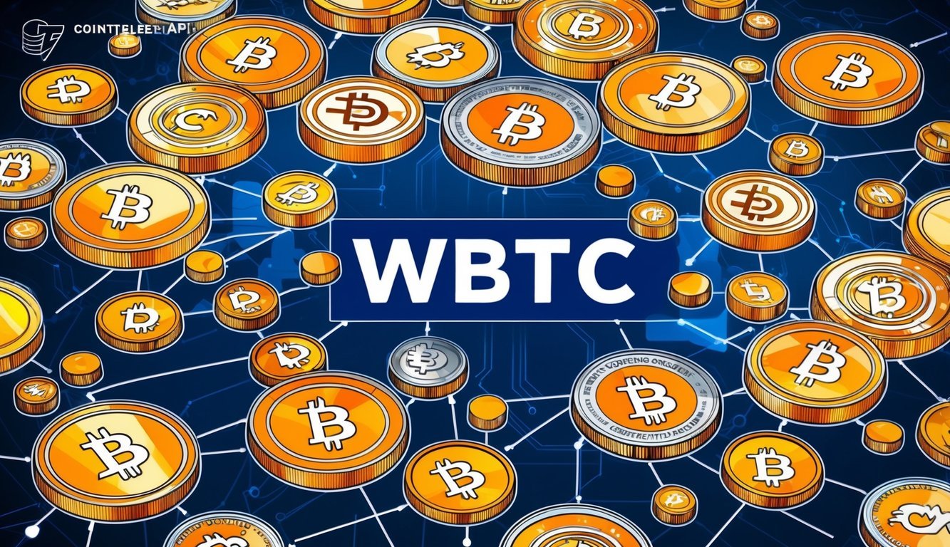 A bustling digital marketplace with various cryptocurrencies interconnecting and WBTC standing prominently in the center