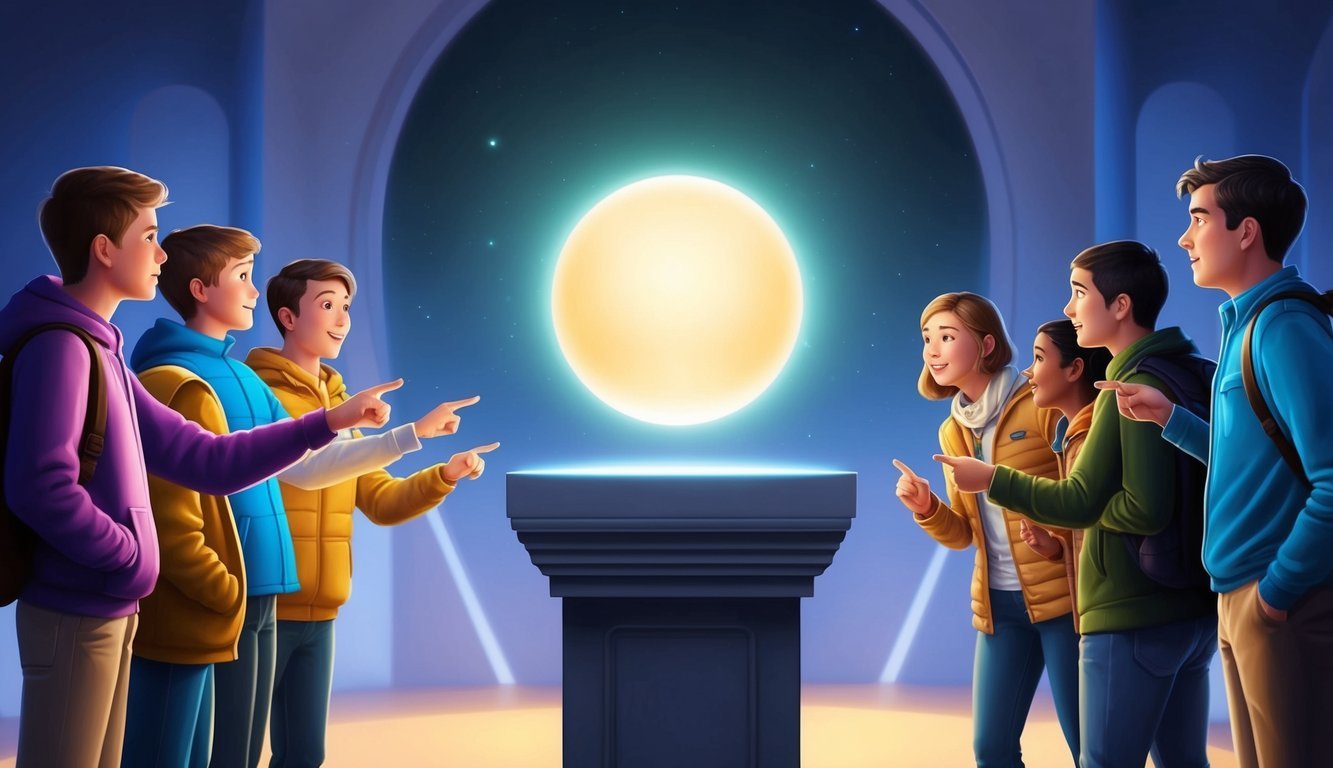 A glowing orb hovers above a pedestal, emitting a soft, pulsating light.</p><p>Surrounding it are curious onlookers, pointing and gesturing in wonder