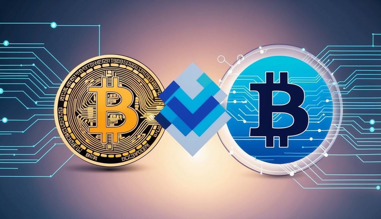 A digital representation of WBTC with a blockchain network and a Bitcoin symbol merging together