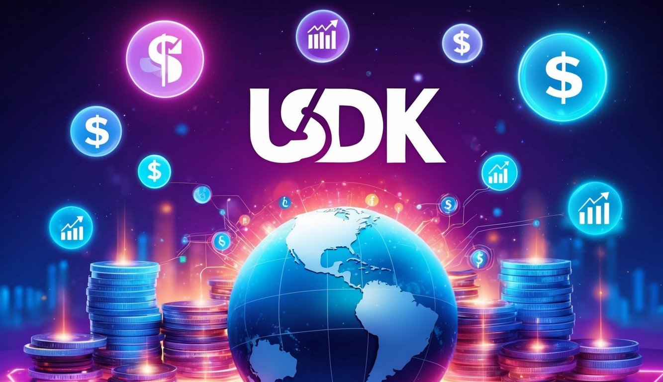 A vibrant digital landscape with a prominent USDK logo floating above a globe surrounded by financial symbols