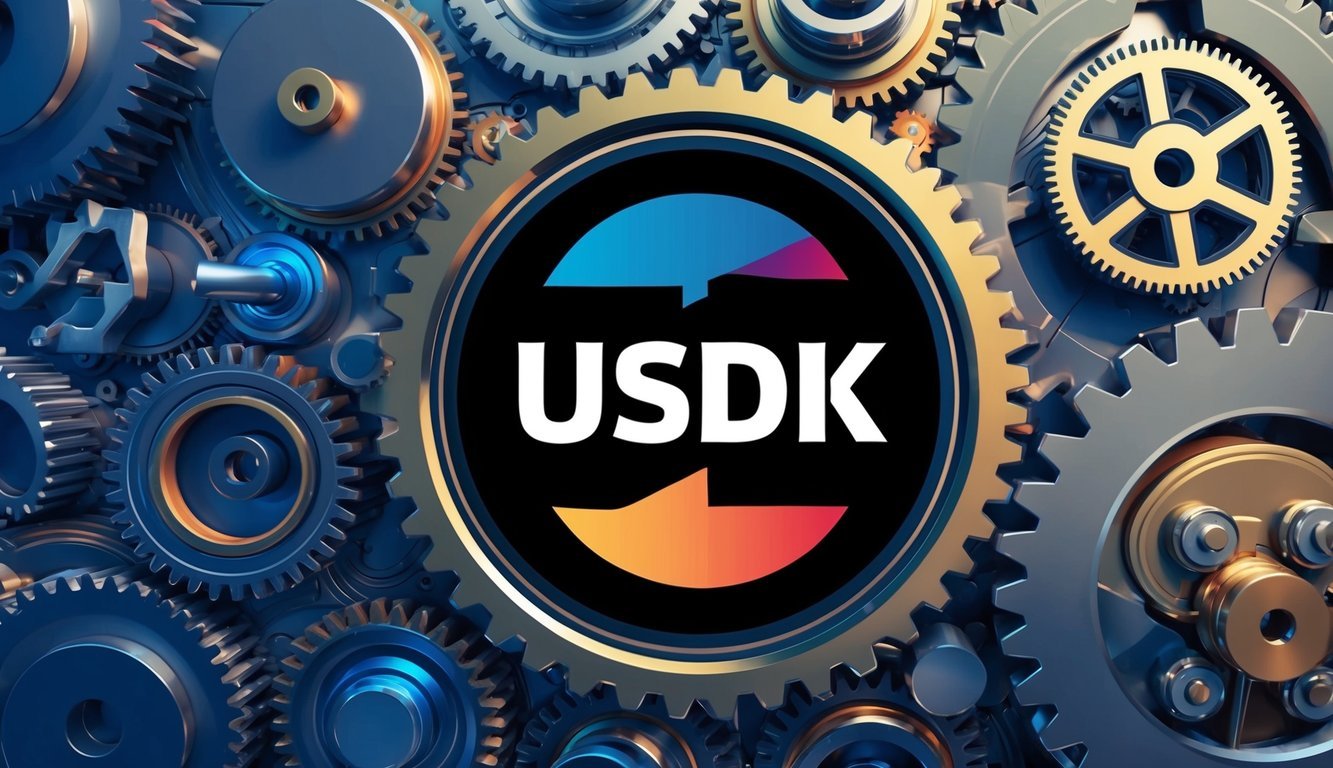 A digital representation of the USDK logo surrounded by gears and mechanical parts, symbolizing the working mechanics of the cryptocurrency