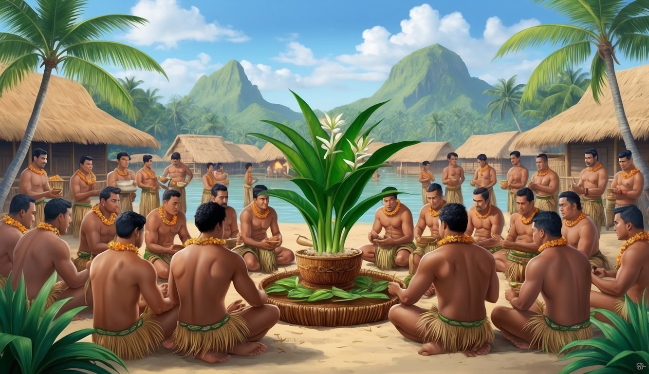 A tranquil Polynesian village with villagers gathering around a central kava plant, preparing the traditional drink in a ceremonial setting