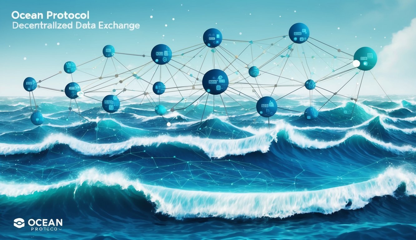 A futuristic network of interconnected data nodes and ocean waves, symbolizing Ocean Protocol's decentralized data exchange