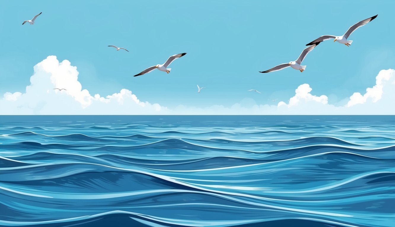 A serene ocean with a clear blue sky, a gentle breeze, and a few seagulls flying above