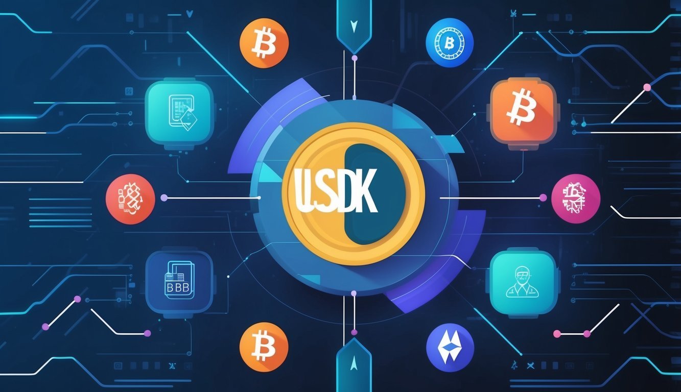 A digital representation of the USDK cryptocurrency symbol surrounded by various blockchain and financial icons