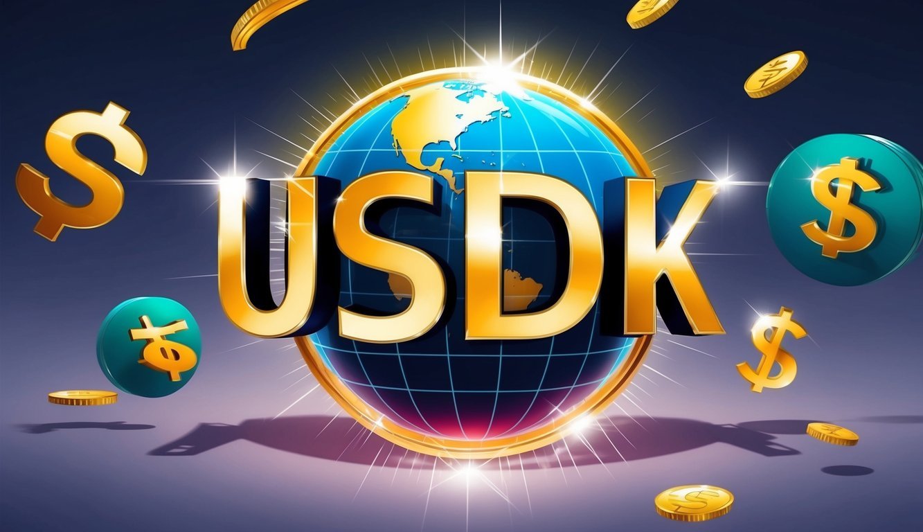 A shining USDK logo surrounded by a globe and currency symbols