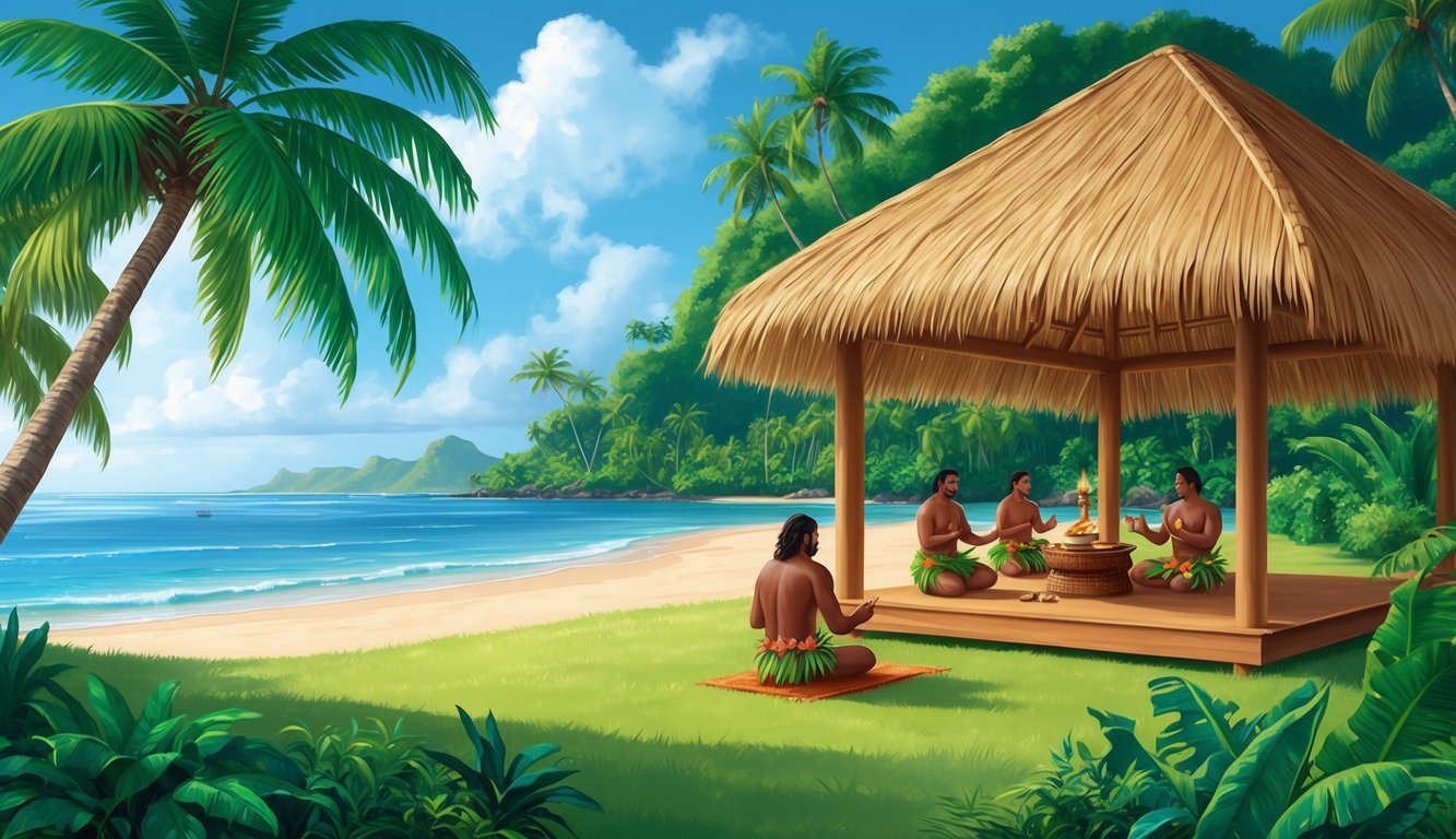 A serene Pacific island landscape with lush greenery and a traditional kava ceremony taking place under a thatched roof hut