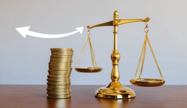 Golden balance scale with coins and an upward arrow
