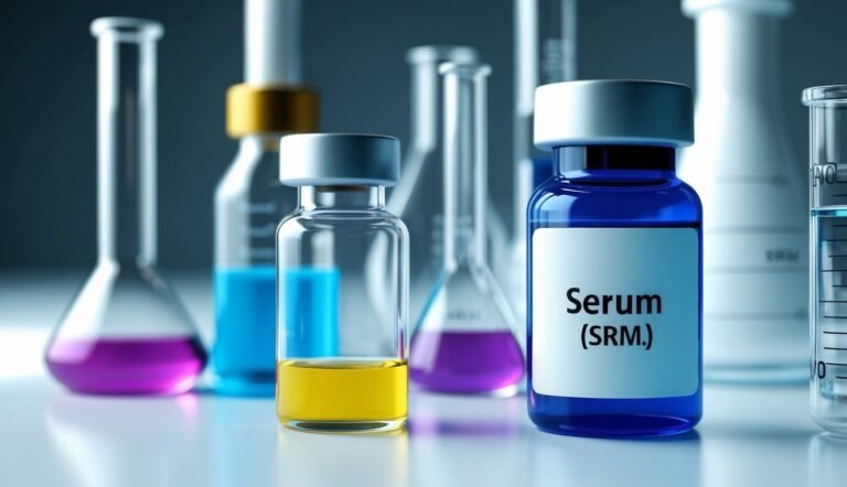Laboratory glassware with colorful liquids, including a vial labeled "Serum"