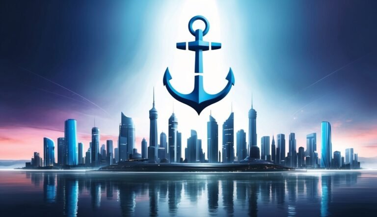Blue anchor over a futuristic city skyline reflected in water