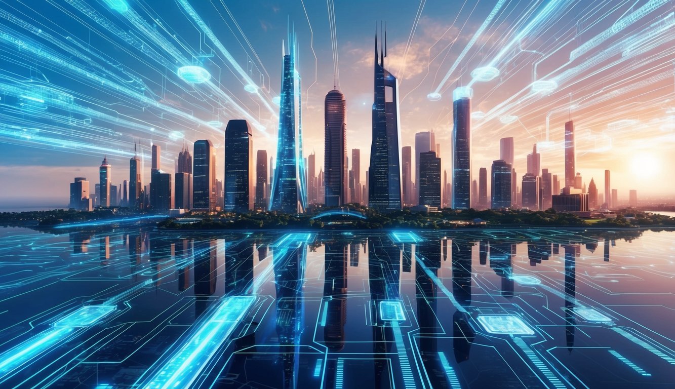 A futuristic city skyline with interconnected networks and glowing data streams