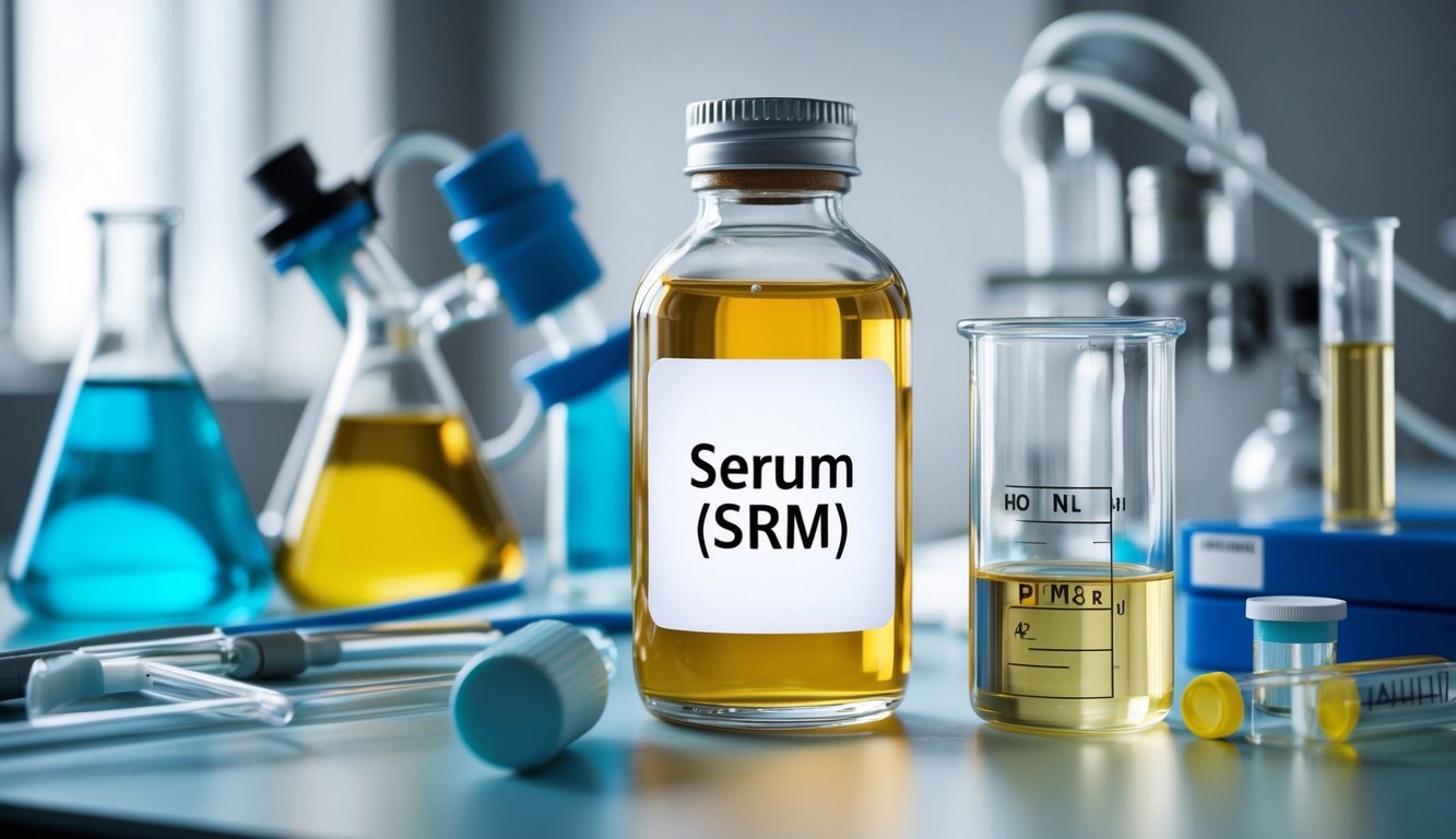 A clear glass bottle of serum surrounded by scientific equipment and a label reading "Serum (SRM)" on a laboratory bench