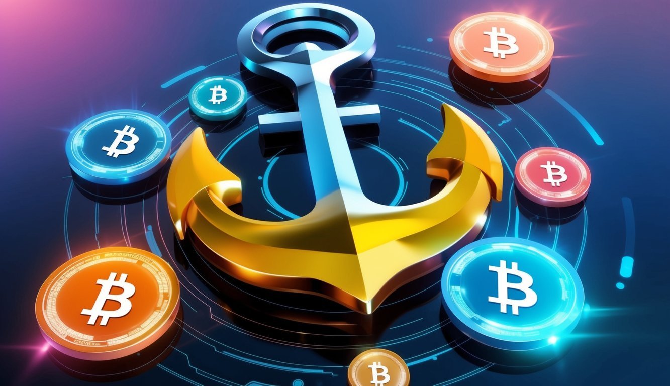 A futuristic anchor symbol surrounded by digital currency icons