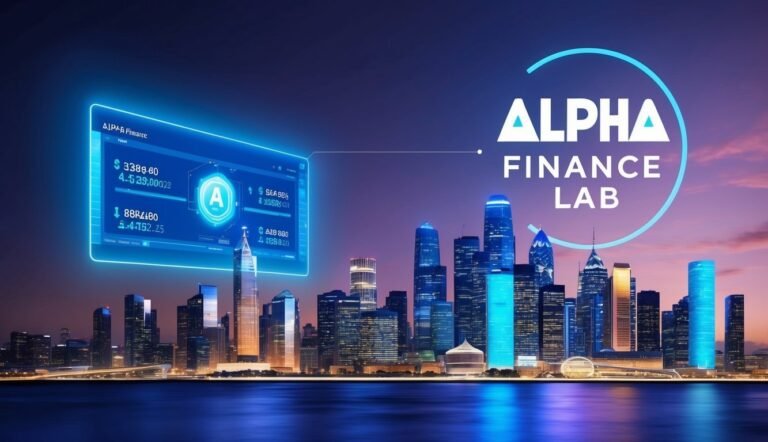 Alpha Finance Lab logo over a cityscape with financial data display