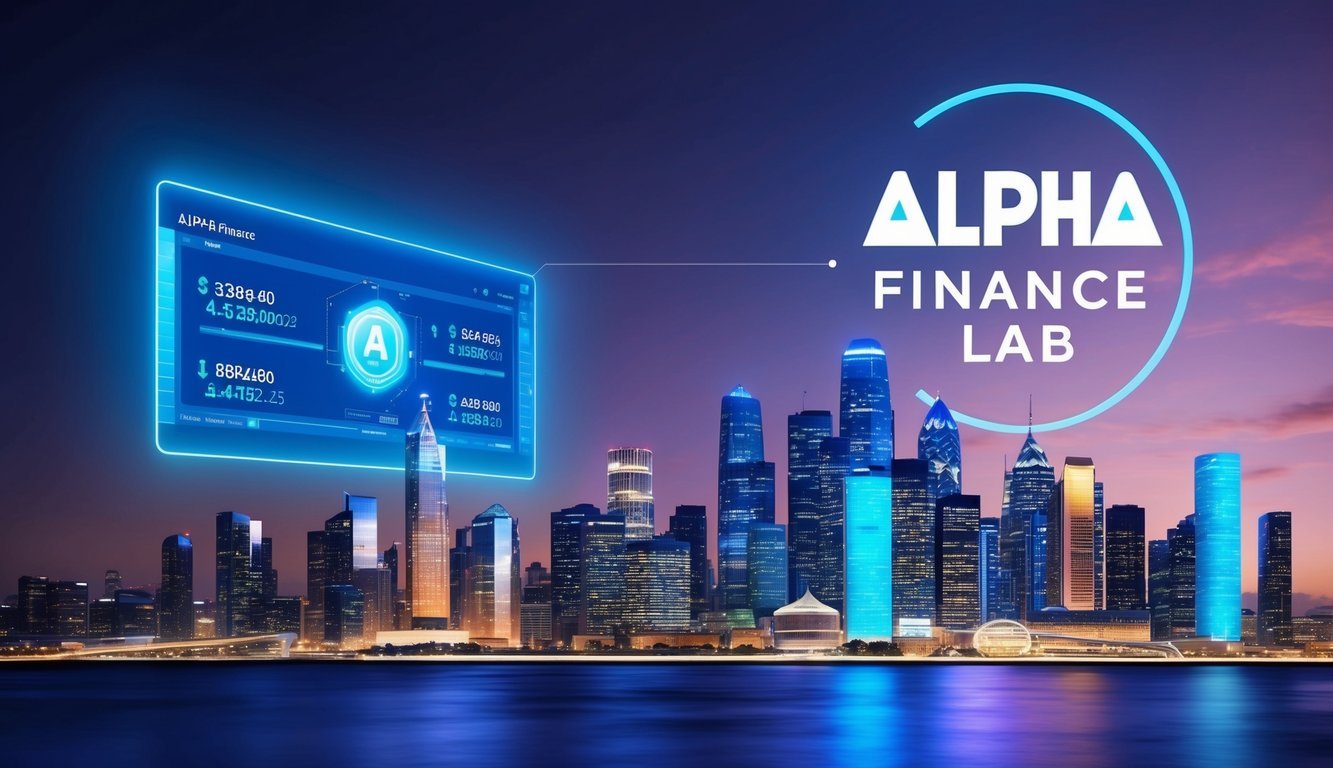 A futuristic city skyline with ALPHA Finance Lab logo projected in the sky.</p><p>A digital display shows financial data and ALPHA token symbols