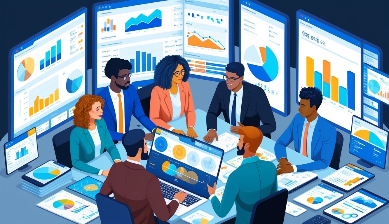 A group of diverse individuals discussing and collaborating on various financial projects, surrounded by charts, graphs, and digital screens displaying data and analytics