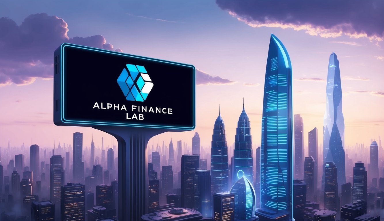 A futuristic city skyline with the ALPHA Finance Lab logo prominently displayed on a large electronic billboard