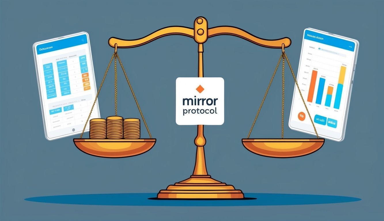 A scale balancing tokens and distribution charts with Mirror Protocol logo in the center