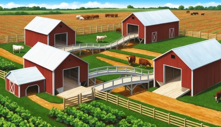 Farm scene with red barns, white bridges, cows, and fields of crops