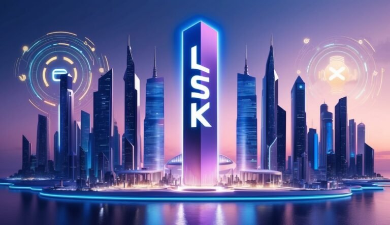 Futuristic cityscape with LSK logo on a central skyscraper, glowing details
