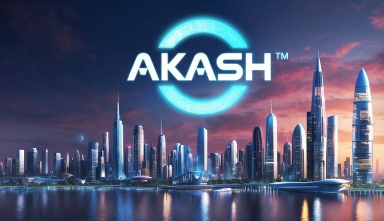 Akash logo over a futuristic city skyline at dusk, reflected in water