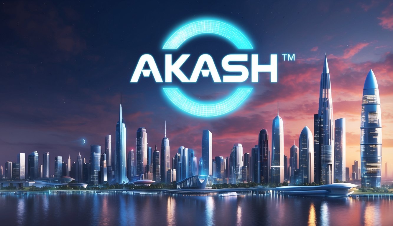 A futuristic city skyline with glowing Akash Network logo hovering above