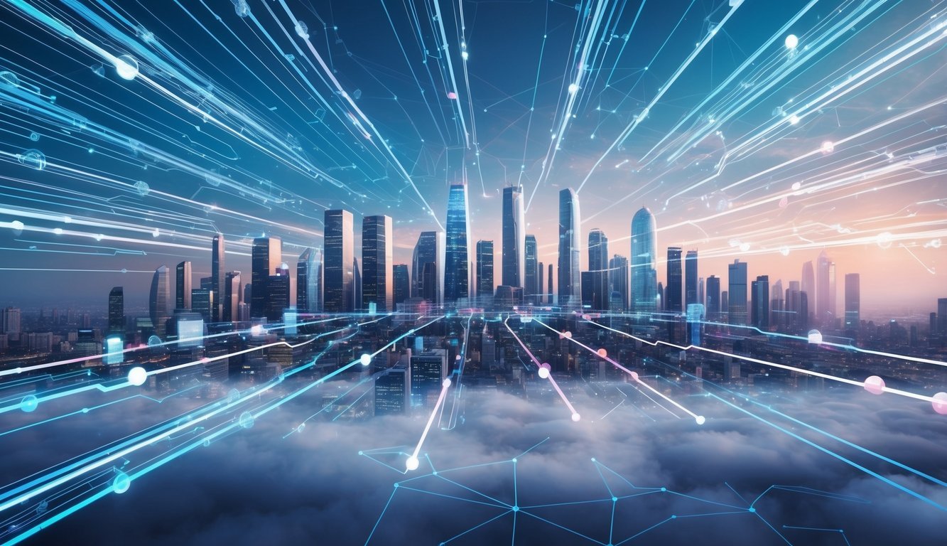 A futuristic city skyline with a network of interconnected nodes and data streams pulsing through the air