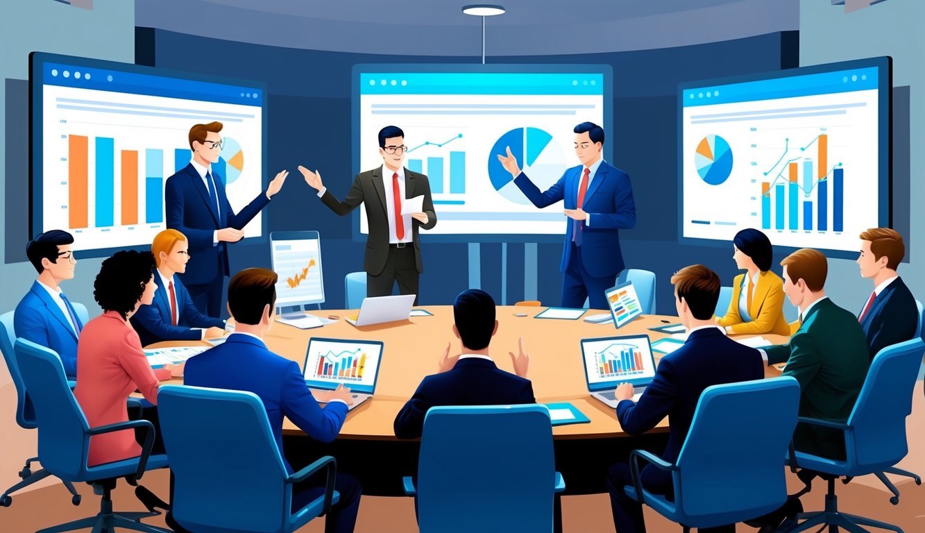 A group of people discussing and voting on decisions in a virtual meeting room, with charts and graphs displayed on the screens around them