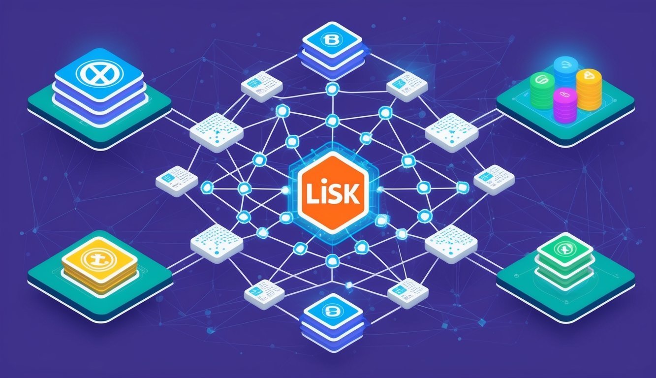 A network of interconnected blockchains, with Lisk at the center, linking together various digital assets and transactions