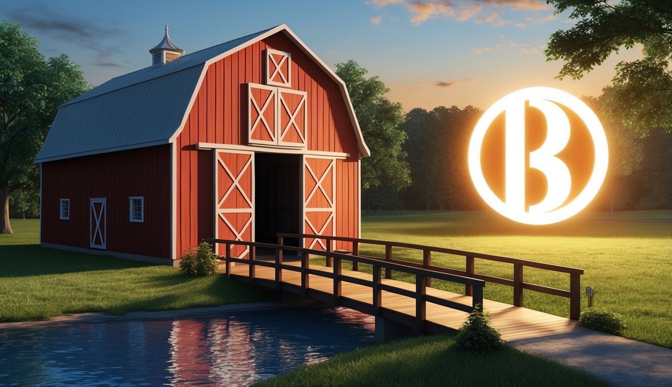 A barn with a bridge leading to a glowing symbol of BOND