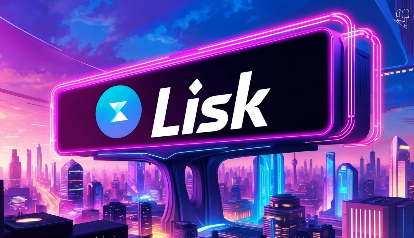 A vibrant, futuristic cityscape with the Lisk logo prominently displayed on a large digital billboard