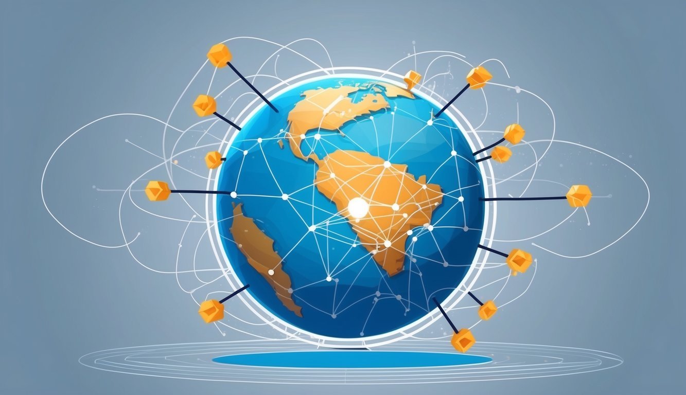 A globe surrounded by interconnected nodes, emitting signals to represent the decentralized nature of Akash Network (AKT)