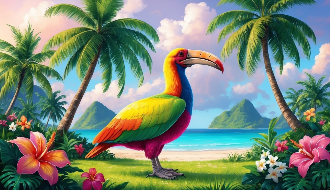 A colorful DODO bird standing on a lush tropical island surrounded by vibrant flowers and towering palm trees