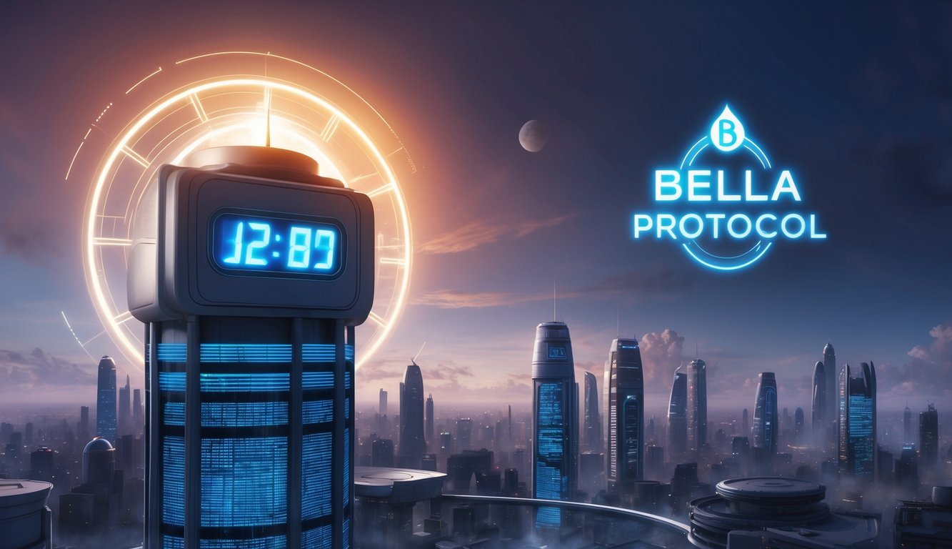 A futuristic cityscape with a prominent digital clock displaying the current time and the Bella Protocol logo glowing in the sky