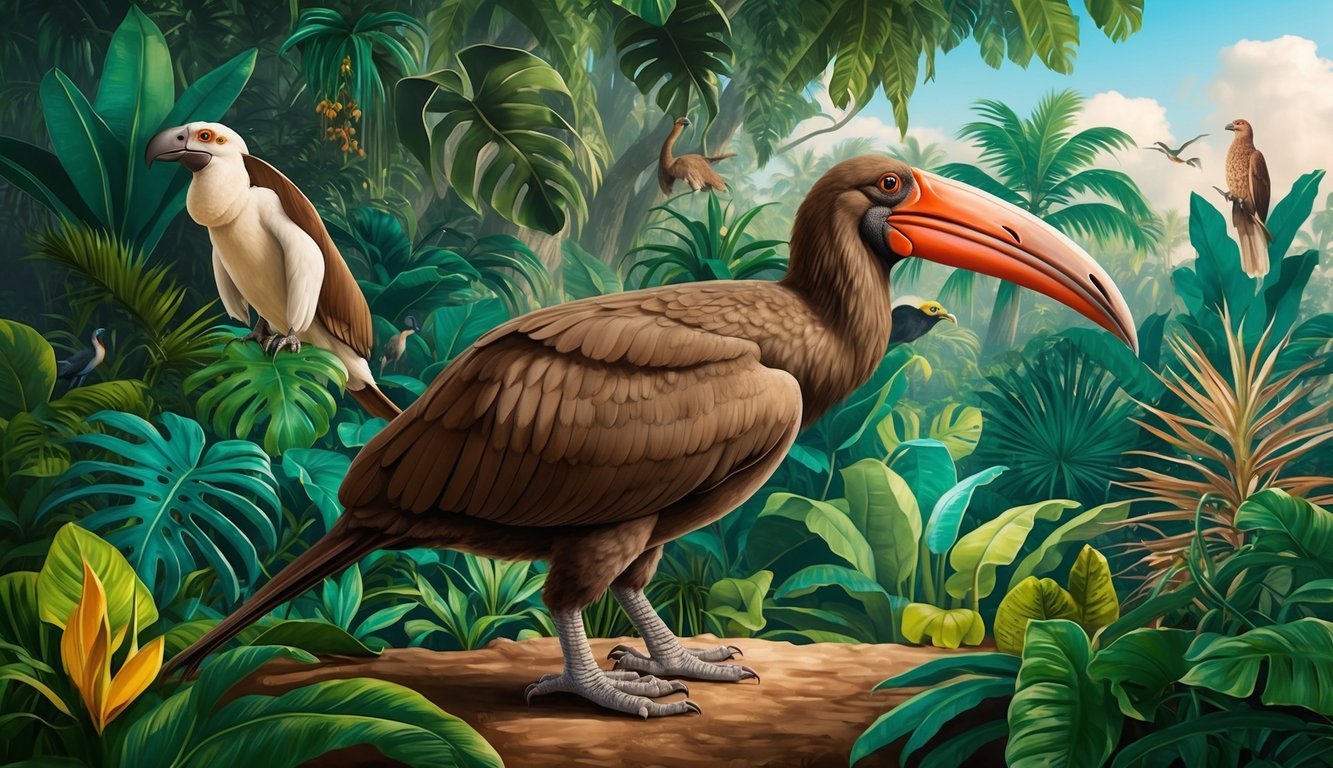 A Dodo bird standing in a lush, tropical forest, surrounded by various plant and animal species