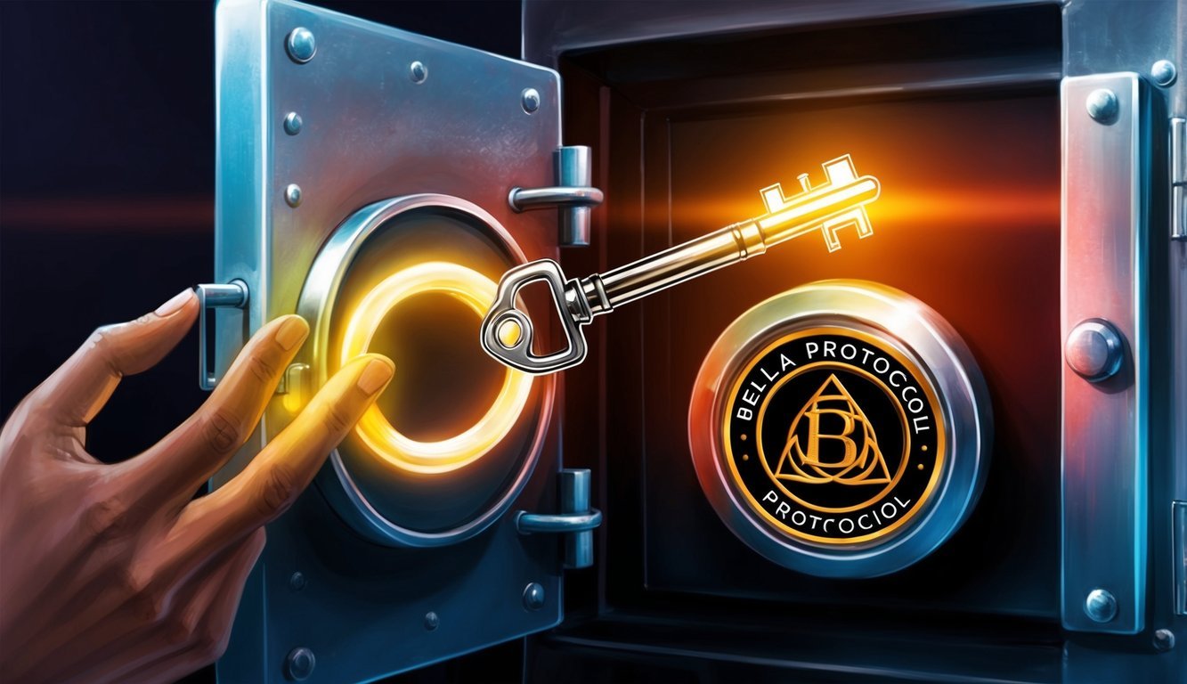 A glowing key unlocking a vault containing Bella Protocol's logo