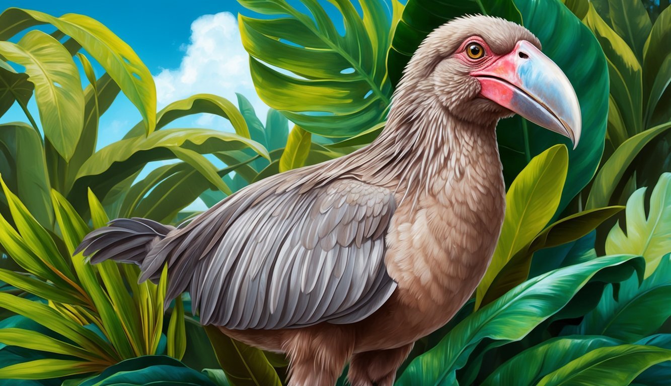 A dodo bird surrounded by vibrant, tropical foliage, with a sense of curiosity and wonder in its expression