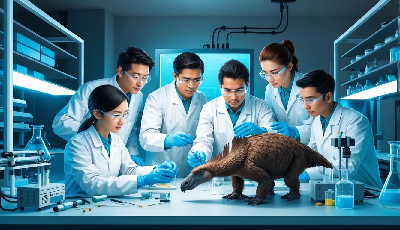 A group of scientists working in a high-tech laboratory, surrounded by advanced equipment and conducting experiments on the DODO (DODO) species