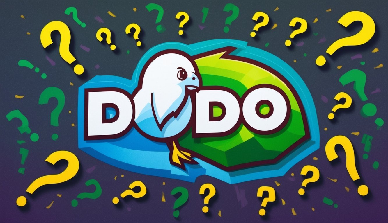 A colorful and vibrant depiction of a DODO (DODO) logo surrounded by question marks and exclamation points, representing the frequently asked questions about the brand