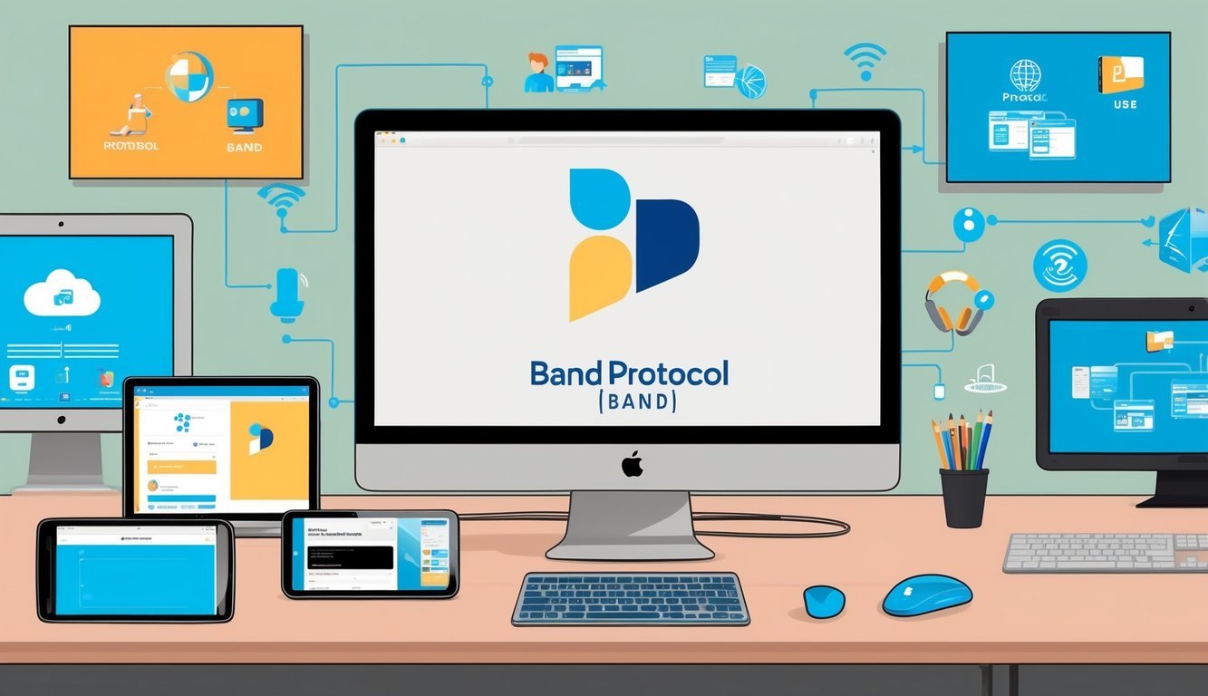 A computer displaying Band Protocol (BAND) logo with various real-world applications and use cases surrounding it