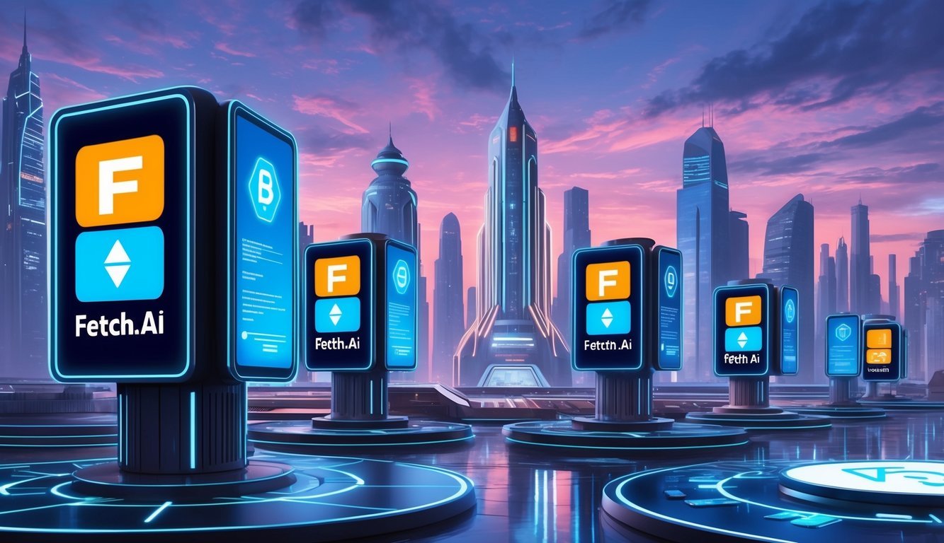 A futuristic cityscape with digital billboards displaying the Fetch.ai logo and various blockchain and AI-related symbols