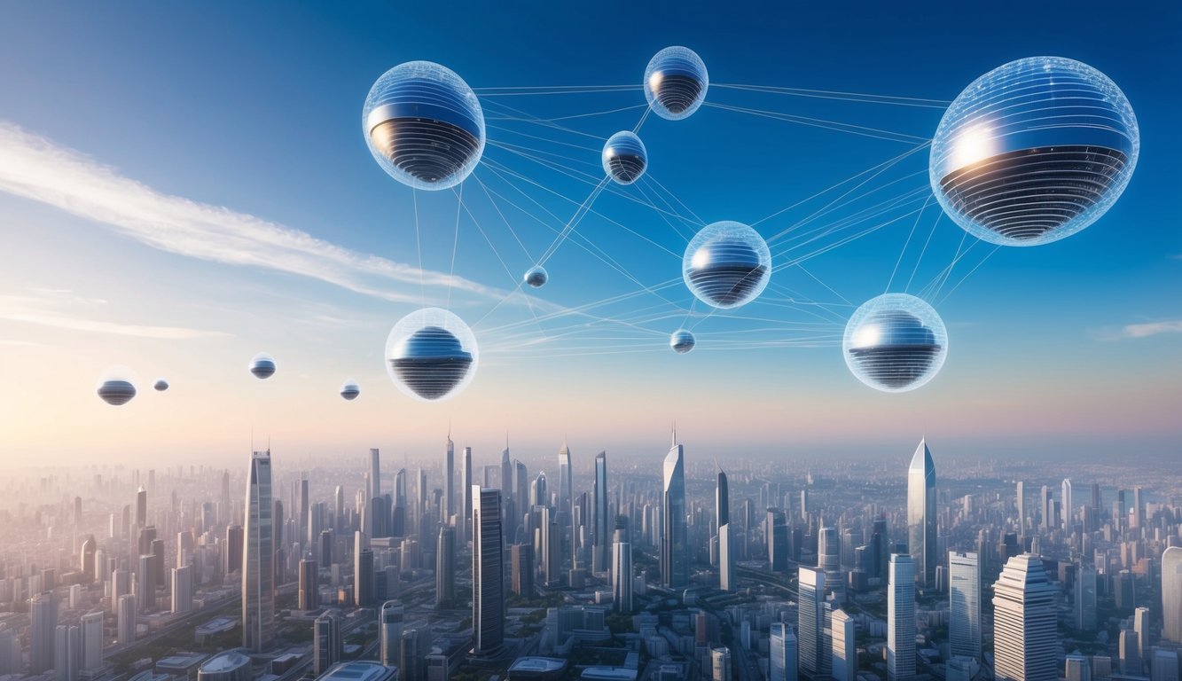 A futuristic cityscape with interconnected blockchain nodes hovering in the sky, symbolizing the decentralized nature of KardiaChain (KAI)